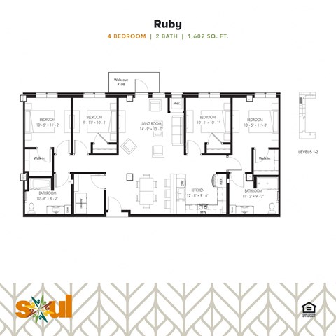 A floor plan for a 2 bathroom, 4 bedroom apartment.